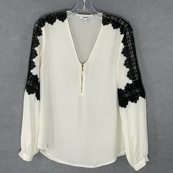 Express Top Women Sz S Ivory Black Lace Detail V-Neck Zip Front Office Career - Picture 1 of 12